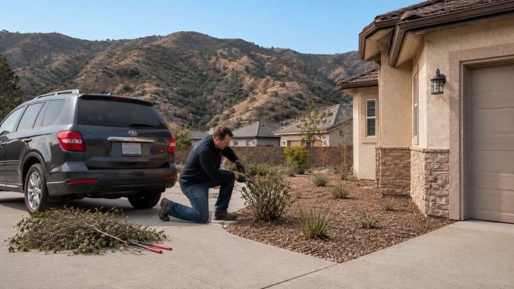 Homeowner trimming bushes to create defensible space for wildfire preparedness at a Porter Ranch home near dry hills